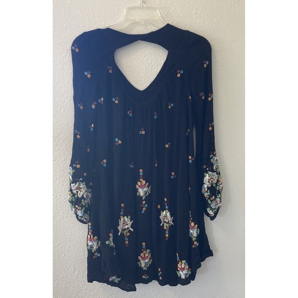 Free People Mini Dress Size XS Oxford Embroidered Black Floral Boho Goth Witchy - Picture 8 of 16